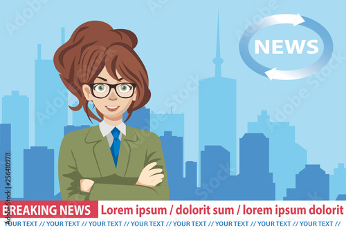 Anchorwoman on tv broadcast news. Breaking News vector illustration. Media on television concept. Flat vector illustration