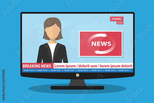 Anchorwoman on tv broadcast news. Breaking News vector illustration. Media on television concept. Flat vector illustration