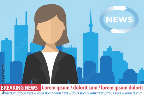 Anchorwoman on tv broadcast news. Breaking News vector illustration. Media on television concept. Flat vector illustration