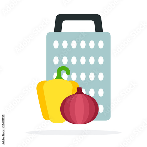 Kitchen grater with yellow pepper and red onion vector flat isolated
