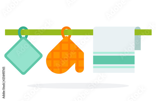 Glove and potholder kitchen towel hanging on the ledge vector flat isolated