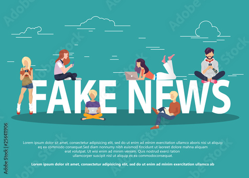 Fake news and and information fabrication concept flat vector illustration of young people reading fake news– stock illustration