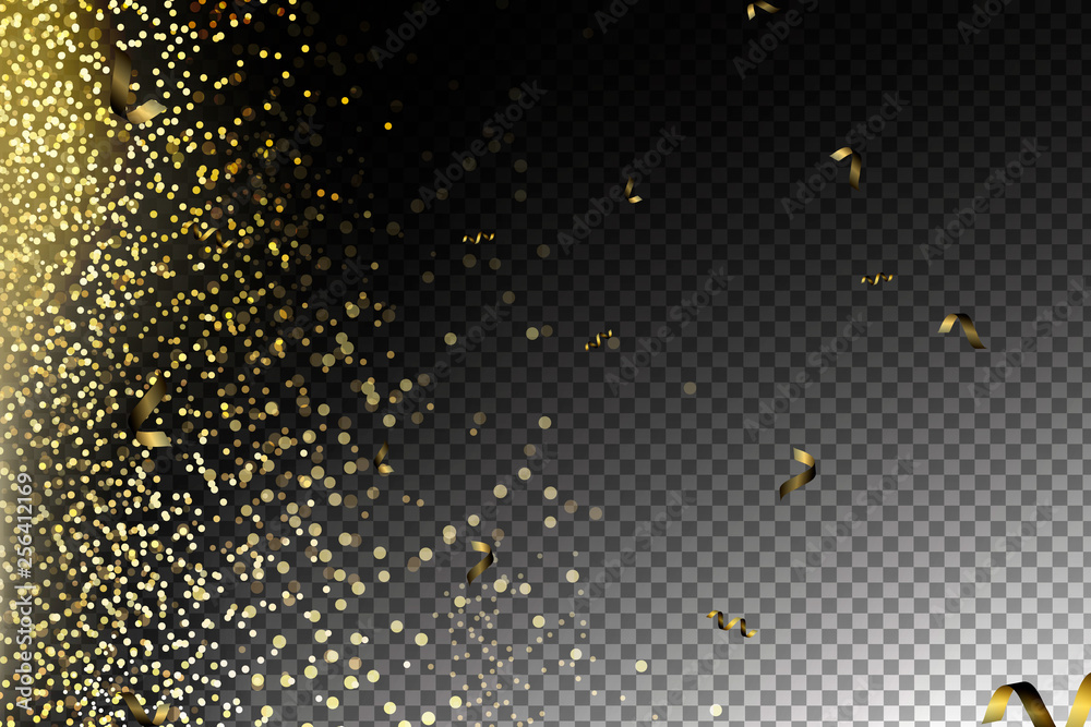 Vector festive illustration of falling shiny particles, Golden Confetti Glitters  isolated on transparent background.