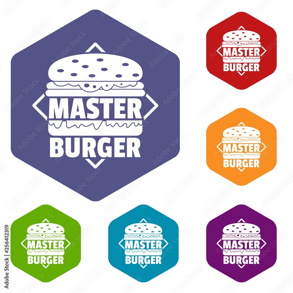 Master burger icons vector colorful hexahedron set collection isolated on white 