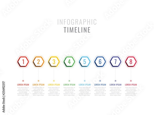 eight steps infographic timeline with hexagonal elements. business process template with options for brochure, diagram, workflow, timeline, web design