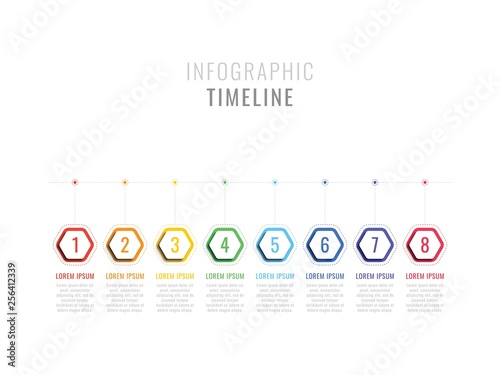 eight steps infographic timeline with hexagonal elements. business process template with options for brochure, diagram, workflow, timeline, web design