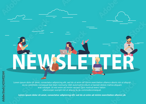 Flat design concept of regularly distributed news publication via e-mail with some topics of interest to its subscribers. Flat vector illustration. Newsletter concept