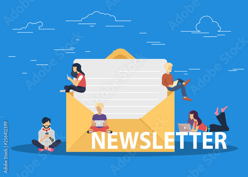 Flat design concept of regularly distributed news publication via e-mail with some topics of interest to its subscribers. Flat vector illustration. Newsletter concept