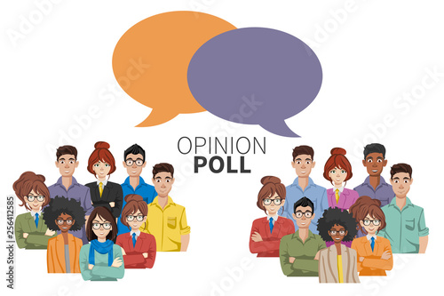 Opinion poll flat illustration of two groups of people and speech bubbles between them. Flat vector illustration