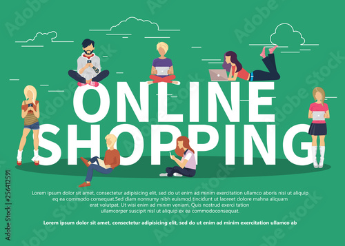 Online shopping concept. Online store objects and banner. People sitting on a big letters and using mobile phones and lap tops to buy on line. Flat style, vector illustration.