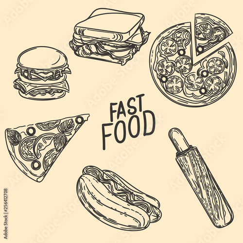 Engraving illustration of fast food.Burger, sandwich, pizza, hotdog, french hotdog.