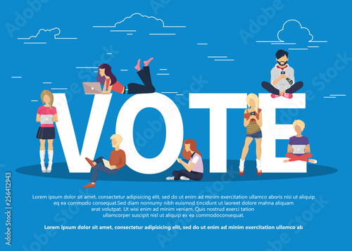 Vote concept. People sitting on a big vote letters and using their mobile phones and lap tops to vote and give a review. Flat vector illustration
