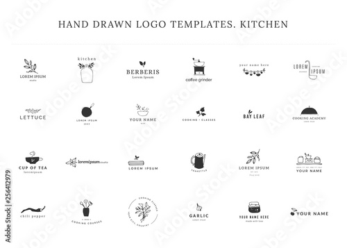 Vector kitchen logo templates set. Hand drawn collection.
