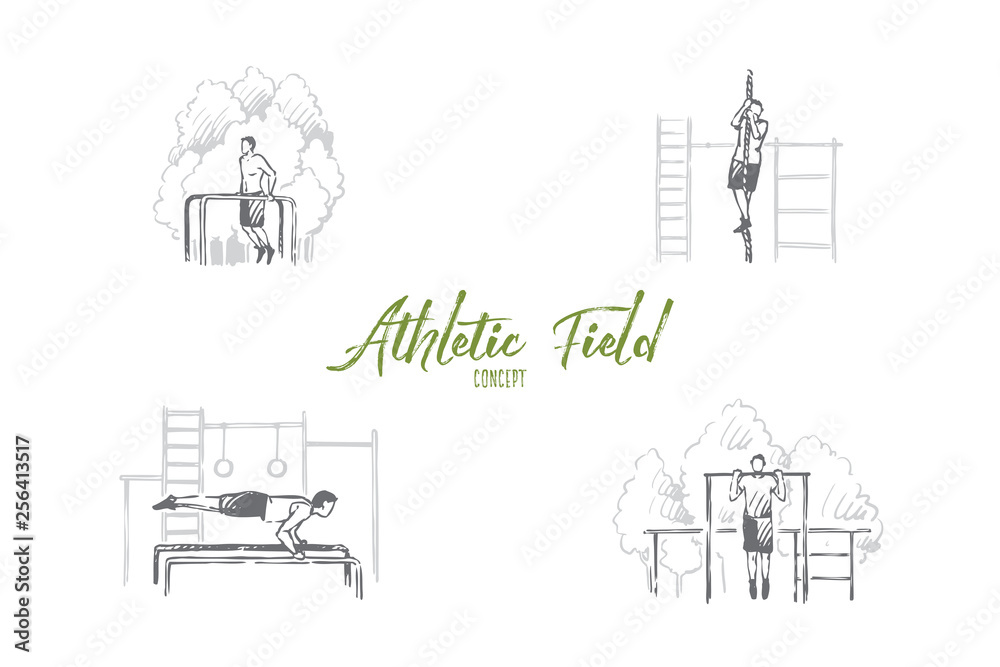 Athletic field - man doing exercises and pulling up on rope on athletic playground vector concept set