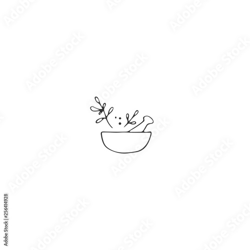 Vector hand drawn object. Kitchen logo element, a bowl with spices.