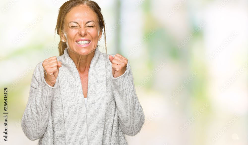 Beautiful middle age adult woman wearing winter sweater over isolated background excited for success with arms raised celebrating victory smiling. Winner concept. Beautiful middle age adult woman wearing winter sweater over isolated background excited for success with arms raised celebrating victory smiling. Winner concept.
