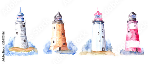 Hand drawn watercolor lighthouse set, isolated lighthouses objects with blue water on white background, Nautical objects, and colors illustration