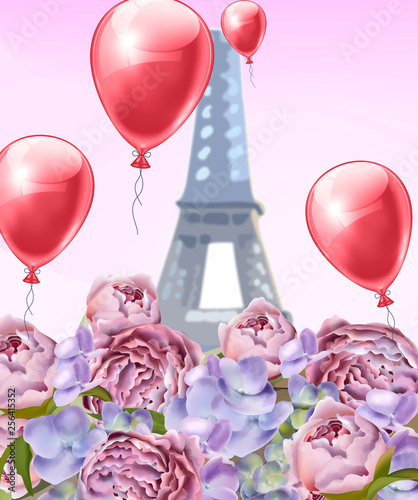 Balloons and peony flowers in Paris Vector. Romantic card spring times