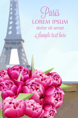 Peony flowers in Paris Vector. Romantic card spring times at Eiffel Tower
