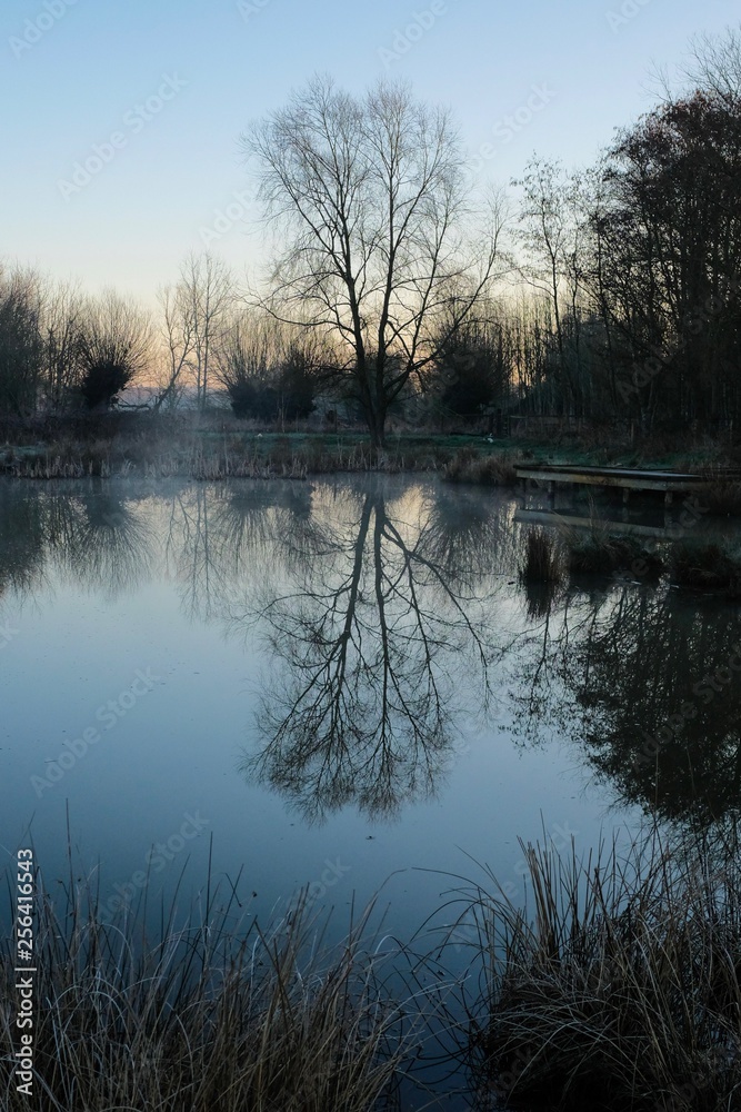 first light on a spring morning seen reflected in a lake
