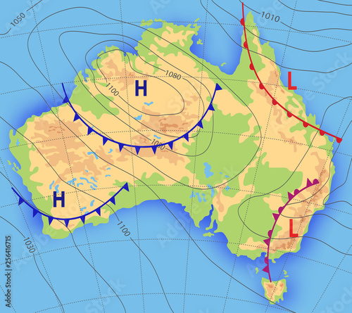 Weather forecast. Meteorological weather map of the AUSTRALIA. Realistic synoptic map Australia with aditable generic map showing isobars and weather fronts. Topography and physical map.