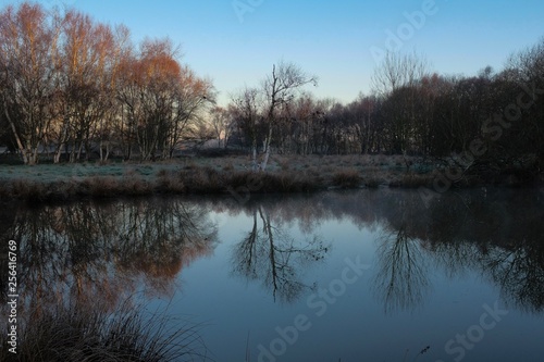 Obraz na płótnie first light of sunrise reflected in a bedfordshire lake w salonie