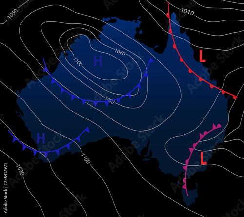 Weather map of the Australia. Meteorological forecast on a dark background. Editable vector illustration of a generic weather map showing isobars and weather fronts.