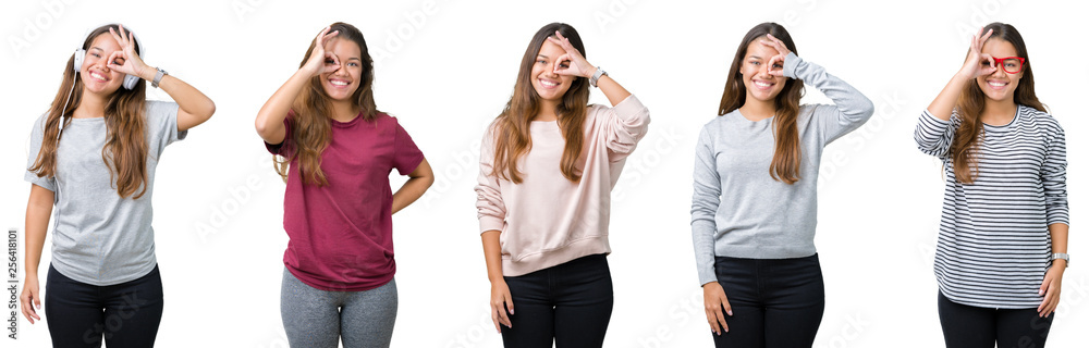 Collage of beautiful young woman over isolated background doing ok gesture with hand smiling, eye looking through fingers with happy face. Collage of beautiful young woman over isolated background doing ok gesture with hand smiling, eye looking through fingers with happy face.
