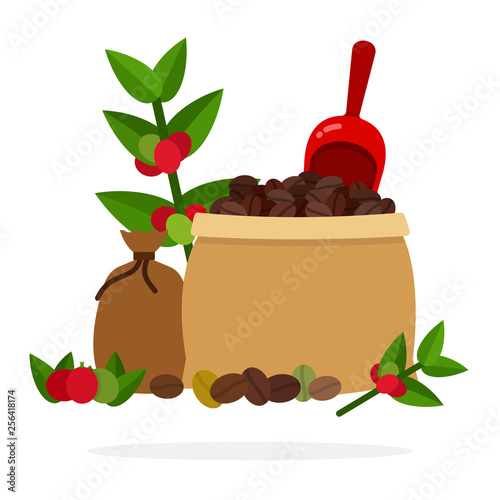 Open bag with coffee beans, coffee shovel and a closed bag of coffee vector flat isolated