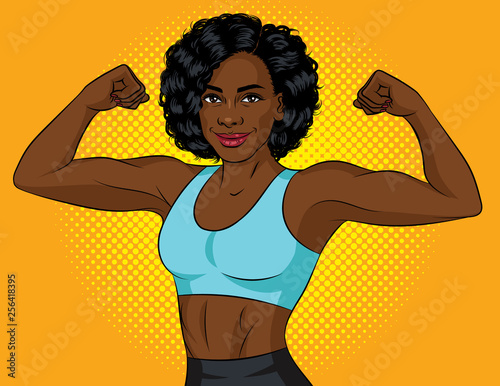 Color vector illustration of a pop art style of a female athlete demonstrating her muscles. African american girl showing good shape. Character for a sports club, gym. The girl is training.