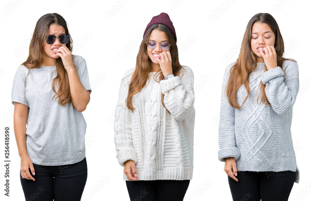 Collage of beautiful young woman over isolated background looking stressed and nervous with hands on mouth biting nails. Anxiety problem. Collage of beautiful young woman over isolated background looking stressed and nervous with hands on mouth biting nails. Anxiety problem.