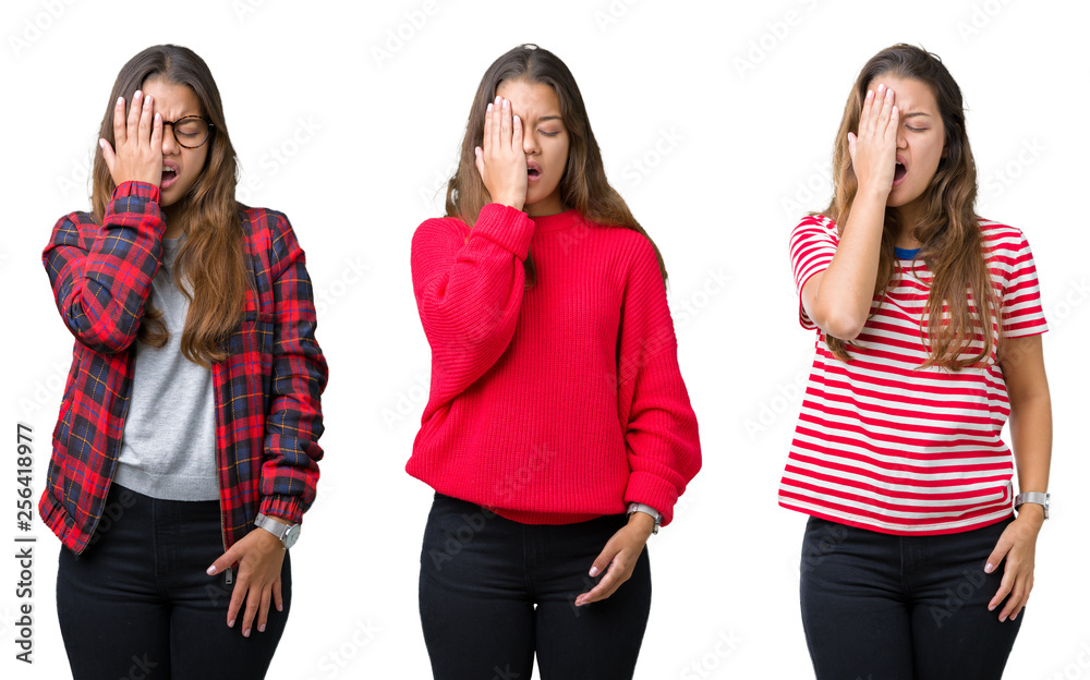Obraz premium Collage of beautiful young woman over isolated background Yawning tired covering half face, eye and mouth with hand. Face hurts in pain.