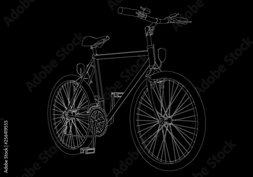 Outline detailed bike of white lines on a black background. Vector illustration