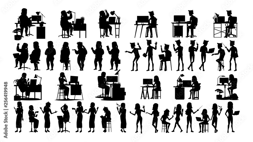 Business People Silhouette Set Vector. Male, Female. Icon Pose. Social Conference. Leader Businesswomen. Businesswoman Manager. Leadership Image. Black Isolated On White Illustration