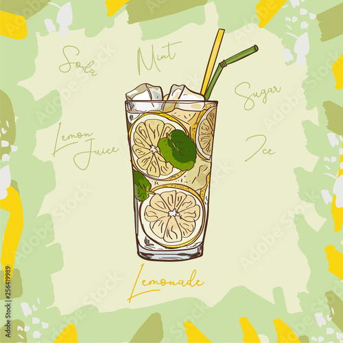 Lemonade homemade classic in glass cup with drinking straw and lemon wedge. Refreshing summer drink vector clip art illustration, doodle style drawing.