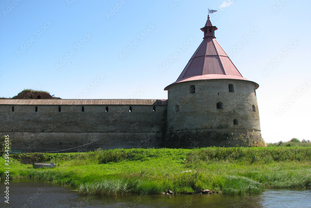 Tower and wall of Oreshek fortress in Shlisselburg on Lake Ladoga, St. Petersburg, Russia