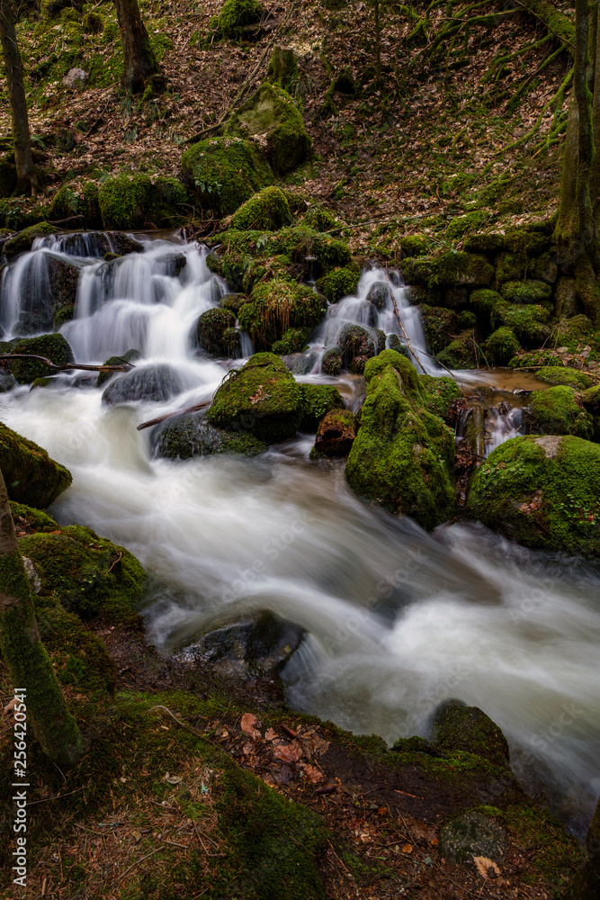 Fototapeta premium Wasserfall mit Steinen voller Moos