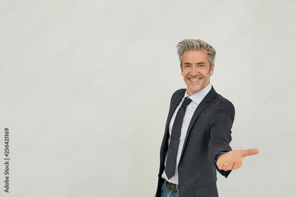 Handsome mature businessman standing on grey background Handsome mature businessman standing on grey background