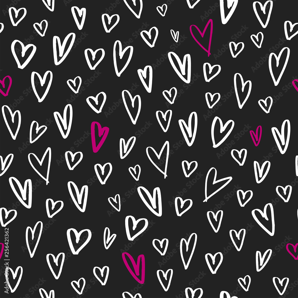 Hand-drawn heart shapes seamless pattern black vector