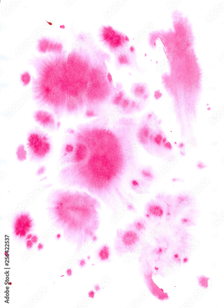 Abstrct watercolor spot with droplets, smudges, stains, splashes. Bright pink color blot in grunge style. To design and decor backgrounds, banners, flyers.