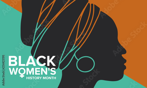 Black Women's History Month annual celebrated in April. International holiday in honor of the achievements of black women with roots in Africa of the past, future and present. Black woman silhouette