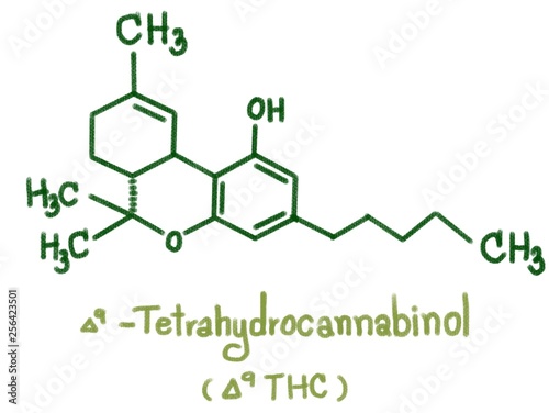 Structure of delta-9-Tetrahydrocannabinol (THC). Nine THC-type cannabinoids with C1To C5 side chain isolated form cannabis plant call marijuana. Illustration 