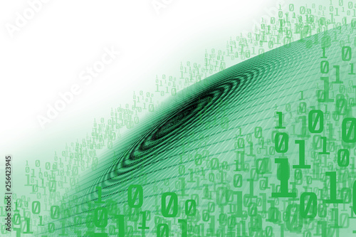 Abstract 3d illustration of information security. Information flows, programming, information coding. Protection and data transfer. Green information network on a black background.