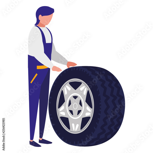 mechanic worker with tire car