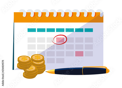 coins money with calendar and pen