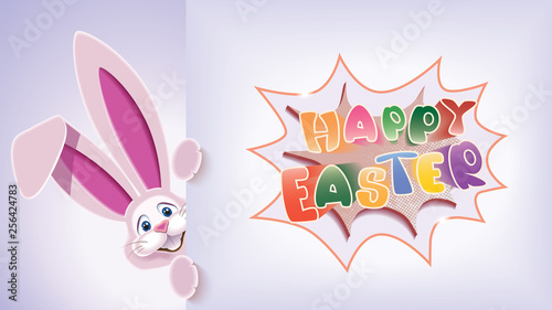 Cute pink Easter Bunny next to light signboard with textual comic speech bubble -Happy Easter- isolated on a purple background