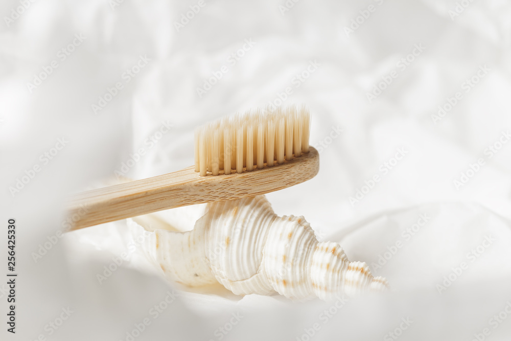 Close up of bamboo toothbrush, zero waste concept