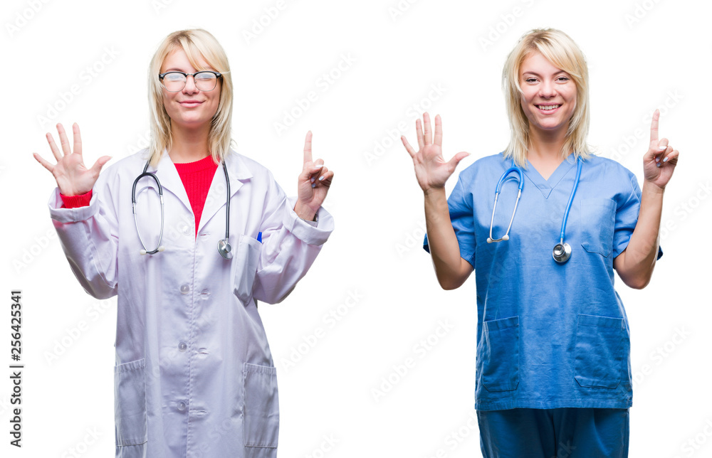 Collage of doctor and nurse woman over white isolated background showing and pointing up with fingers number six while smiling confident and happy. Collage of doctor and nurse woman over white isolated background showing and pointing up with fingers number six while smiling confident and happy.