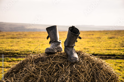 Fototapeta Two black boots on a haystack on a Sunny day