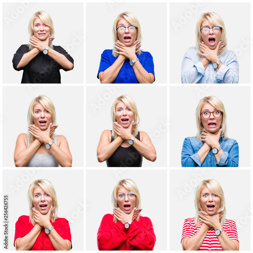 Collage of beautiful blonde woman wearing differents casual looks over isolated background shouting and suffocate because painful strangle. Health problem. Asphyxiate and suicide concept.